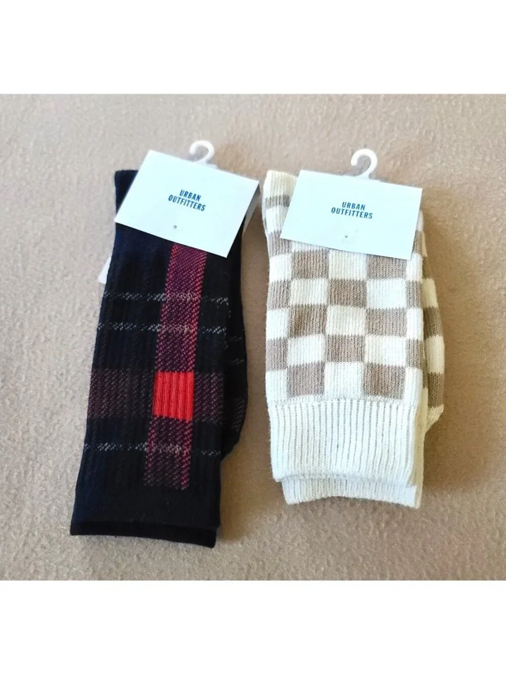 2 Pairs Urban Outfitters Crew Socks OS Unisex Checkerboard + Camo & Plaid NEW